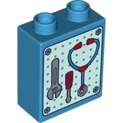 LEGO part 76371pr0269 Duplo Brick 1 x 2 x 2 with Tool Rack, Wrench, Screwdriver, Stethoscope print in Dark Azure