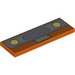 LEGO part 69729pr0048 Tile 2 x 6 with Light Bluish Grey Car Grill, Bright Light Yellow Headlights, License Plate print in Reddish Orange
