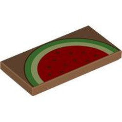 LEGO part 87079pr9862 Tile 2 x 4 with Half Watermelon print in Medium Nougat
