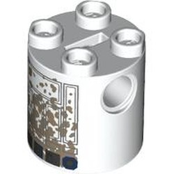 LEGO part 30361cpr0027 Brick Round 2 x 2 x 2 Robot Body, Axle Holder '+' Orientation with Blue and Gray Astromech Droid with Mud Stains Print (R2-D2) in White