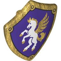 LEGO part 4972pr0002 Shield Triangular with Spiked Top with White Horse, Gold Man, Tail, Hooves on Dark Purple Background print in Warm Gold/ Pearl Gold