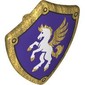 Shield Triangular with Spiked Top with White Horse, Gold Mane, Tail, Hooves on Dark Purple Background print
