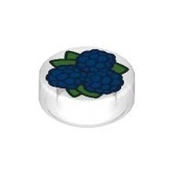 LEGO part 98138pr0439 Tile Round 1 x 1 with Blackberries print in Transparent/ Trans-Clear