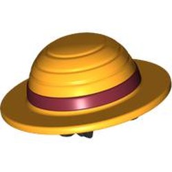 LEGO part 112400pat0002 Straw Hat with Black Hair, Dark Red Band pattern in Flame Yellowish Orange/ Bright Light Orange