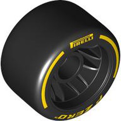 LEGO part 110100pr0001 Wheel Rim 24 x 14.9 Wide with Black Slick Tyre with Yellow 'PIRELLI' print in Black