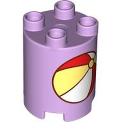 LEGO part 98225pr0010 Duplo Brick Round 2 x 2 x 2 with Red/White/Bright Light Yellow Beachball print in Lavender