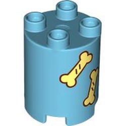 LEGO part 98225pr0009 Duplo Brick Round 2 x 2 x 2 with Bright Light Yellow Bones print in Medium Azure