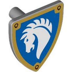 LEGO part 3846pr0051 Shield Triangular with White Horse on Blue Field, Gold Border print in Medium Stone Grey/ Light Bluish Gray