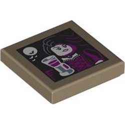LEGO part 3068bpr9308 Tile 2 x 2 with Vampire, Long Black Hair, Dark Purple Dress, Goblet, Moon print in Sand Yellow/ Dark Tan