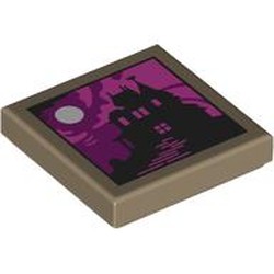 LEGO part 3068bpr9307 Tile 2 x 2 with Black House Silhouette, Dark Purple/Dark Pink Sky, Moon print in Sand Yellow/ Dark Tan