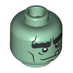 LEGO part 28621pr9619 Minifig Head Frankenstein's Monster, Thick Black Eyebrows, Dark Green Lines, Loose Tooth in Sand Green