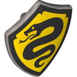 LEGO part 4972pr0004 Shield Triangular with Spiked Top with Black Border, Snake on Yellow Field print in Silver Metallic/ Flat Silver