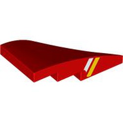 LEGO part 6930pr0001 Slope Curved 4 x 2 with Stud Notch Left with White/Yellow Stripes on Side print in Bright Red/ Red