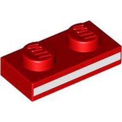 LEGO part 3023pr0011 Plate 1 x 2 with White Stripe print in Bright Red/ Red