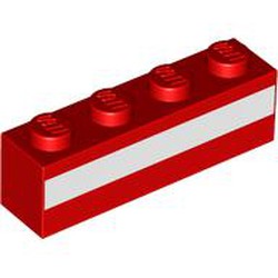 LEGO part 3010pr0102 Brick 1 x 4 with White Stripe print in Bright Red/ Red