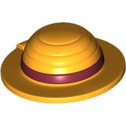 LEGO part 112531pat0001 Straw Hat with Dark Red Band pattern in Flame Yellowish Orange/ Bright Light Orange