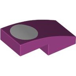 LEGO part 11477pr0049 Slope Curved 2 x 1 No Studs [1/2 Bow] with White Oval print in Bright Reddish Violet/ Magenta
