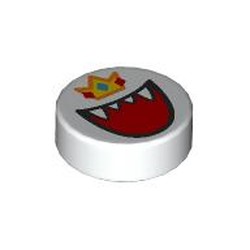 LEGO part 98138pr0446 Tile Round 1 x 1 with King Boo, Crown print in White