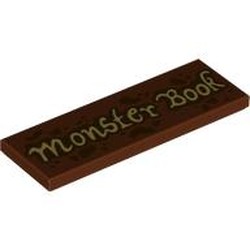 LEGO part 69729pr0052 Tile 2 x 6 with Tan 'Monster Book' print in Reddish Brown