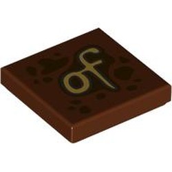 LEGO part 3068bpr9313 Tile 2 x 2 with Tan 'of' print in Reddish Brown