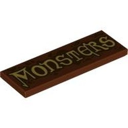 LEGO part 69729pr0053 Tile 2 x 6 with Tan 'Monsters' print in Reddish Brown