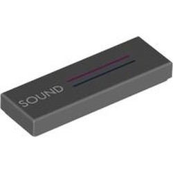 LEGO part 63864pr0066 Tile 1 x 3 with White 'SOUND', Dark Pink/Dark Blue Lines print in Dark Stone Grey / Dark Bluish Gray