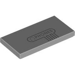 LEGO part 87079pr9840 Tile 2 x 4 with Dark Bluish Grey Headphones, 'PHONES' print in Medium Stone Grey/ Light Bluish Gray