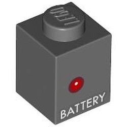 LEGO part 3005pr0061 Brick 1 x 1 with 'BATTERY', Red Dot print in Dark Stone Grey / Dark Bluish Gray