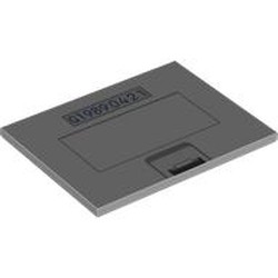 LEGO part 6320pr0001 Tile 6 x 8 with Battery Cover, 'G19890421' print in Medium Stone Grey/ Light Bluish Gray