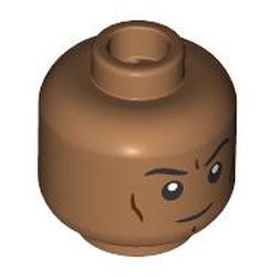 LEGO part 28621pr9563 Minifig Head Black Eyebrows, Reddish Brown Lines, Angry Stare in Medium Nougat