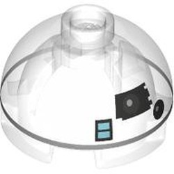 LEGO part 30367cpr0008 Brick Round 2 x 2 Dome Top with Astromech, R3-T6, Dark Bluish Grey Line, Black Eye, Medium Blue Square print in Transparent/ Trans-Clear