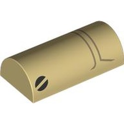 LEGO part 6192bpr0002 Brick Curved 2 x 4 Double, No Studs, with Black Screws/Eyes, Dark Tan Lines print (Battel Droid Face) in Brick Yellow/ Tan