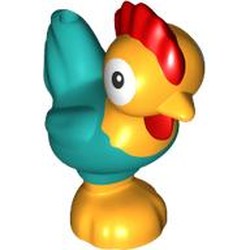 LEGO part 112346pr0001 Animal, Chicken Leaning with Dark Turquoise Tail and Red Comb Print (Moana Heihei) in Flame Yellowish Orange/ Bright Light Orange