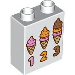 LEGO part 76371pr9894 Duplo Brick 1 x 2 x 2 with Bottom Tube with '1 2 3', 3 Sizes Icecreams print in White