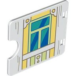 LEGO part 27382pr0010 Duplo Door / Window with Cutout (Semi Oval) with Bright Light Yellow Door on Bright Light Yellow Wall, Blue/Dark Turquoise Glass print in White