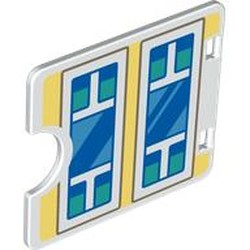 LEGO part 27382pr0011 Duplo Door / Window with Cutout (Semi Oval) with Two White Windows on Bright Light Yellow Wall, Blue/Medium Blue/Dark Turquoise Glass print in White