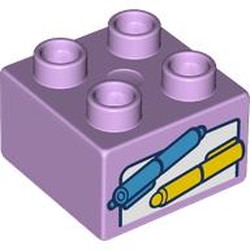 LEGO part 3437pr9969 Duplo Brick 2 x 2 with Blue and Yellow Pens, Paper print in Lavender