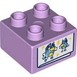 LEGO part 3437pr9968 Duplo Brick 2 x 2 with Drawing of Bluey and Bandit print in Lavender