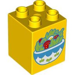 LEGO part 31110pr0175 Duplo Brick 2 x 2 x 2 with Salad Bowl print in Bright Yellow/ Yellow