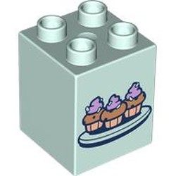 LEGO part 31110pr0173 Duplo Brick 2 x 2 x 2 with Cupcakes on Plate print in Aqua/ Light Aqua