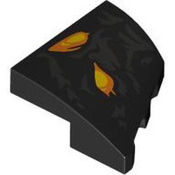 LEGO part 5095pr0002 Slope Curved 2 x 2 with Stud Notch Left with Yellow/Orange Eyes, Silver Markings print in Black