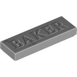 LEGO part 63864pr0059 Tile 1 x 3 with 'BAKER' print in Medium Stone Grey/ Light Bluish Gray