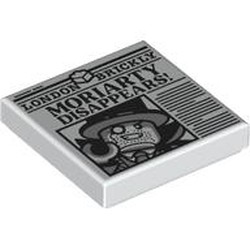LEGO part 3068bpr9321 Tile 2 x 2 with Newspaper, 'Moriarty Disappears' print in White