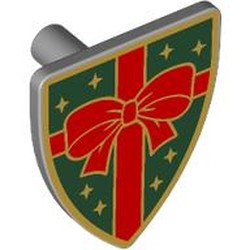 LEGO part 3846pr0052 Shield Triangular with Red Bow Ribbon on Dark Green Field, Gold Stars print, print in Medium Stone Grey/ Light Bluish Gray