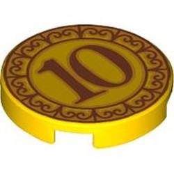LEGO part 14769pr9953 Tile Round 2 x 2 with Dime, Dark Red '10' print in Bright Yellow/ Yellow