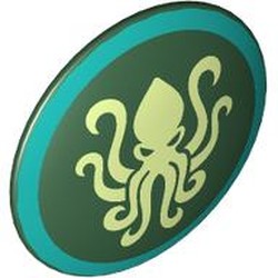 LEGO part 75902pr0024 Shield Round Bowed with Yellowish Green Kraken, Dark Turquoise Border print in Earth Green/ Dark Green