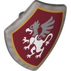 LEGO part 4972pr0003 Shield Triangular with Spiked Top with White Griffin, Silver Head, Wings print in Silver Metallic/ Flat Silver