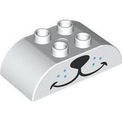 LEGO part 98223pr0044 Duplo Brick 2 x 4 Curved Top with Black Dog Nose, Medium Blue Dots print in White