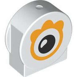 LEGO part 14222pr0027 Duplo Brick 1 x 3 x 2 Round Top, Cut Away Sides with Bright Light Orange Eye print in White