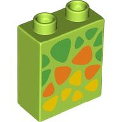 LEGO part 76371pr9893 Duplo Brick 1 x 2 x 2 with Bottom Tube, Green, Orange, and Yellow Triangular Spots Print in Bright Yellowish Green/ Lime